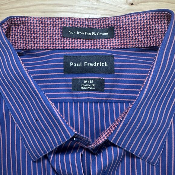 Paul Frederick Non-Iron 2 Ply Cotton Striped Mens Long Sleeve Dress Shirt 19x35 - Picture 2 of 6